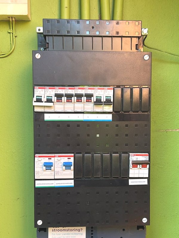 Nieuwe groepenkast met automaten, twee aardlekschakelaars en hoofdschakelaar