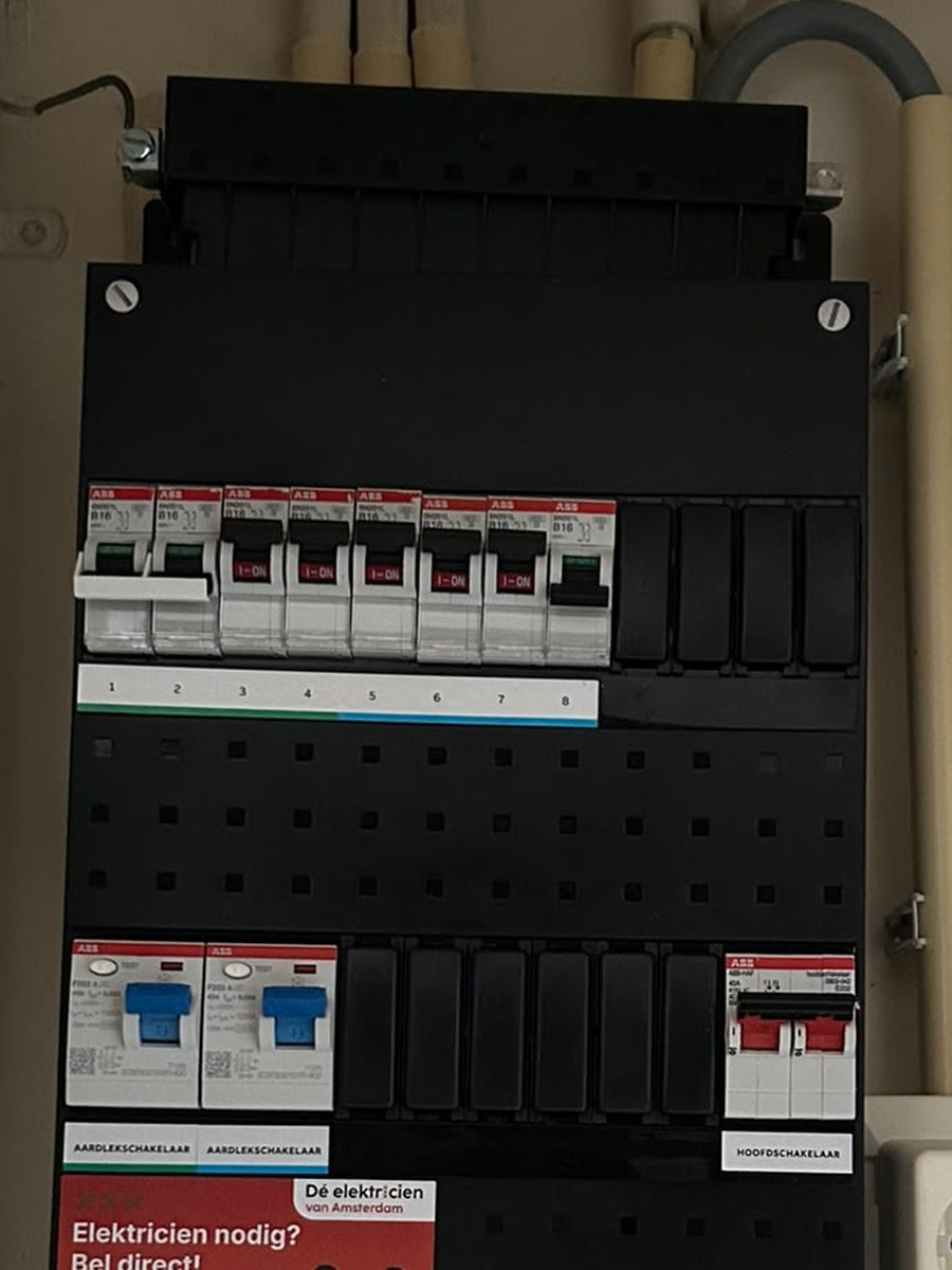 Nieuwe groepenkast met automaten en aardlekschakelaars, de foto uit de brief